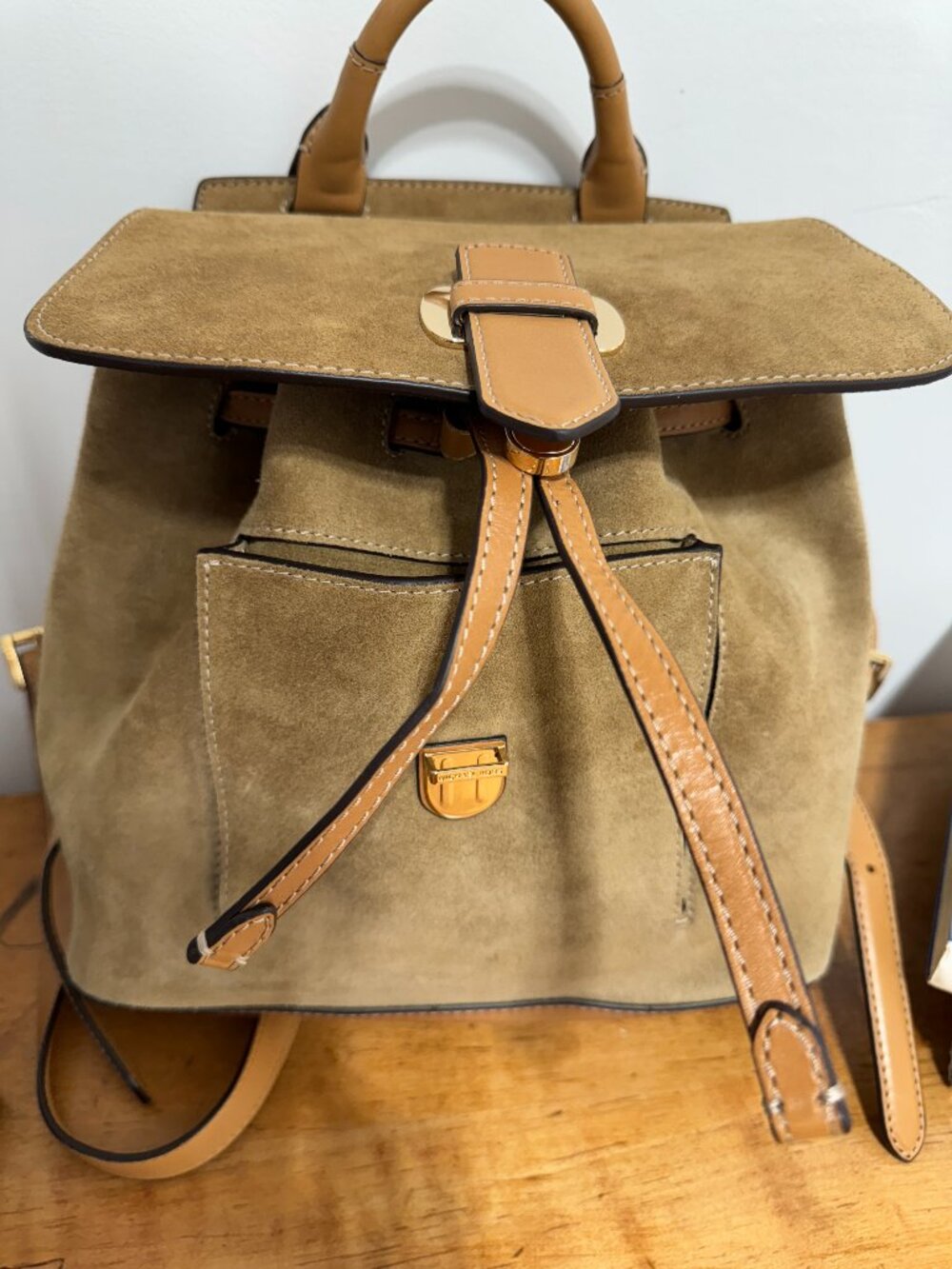 Michael Kors  English Tan Suede & Leather  Backpack with Gold Tone Accents